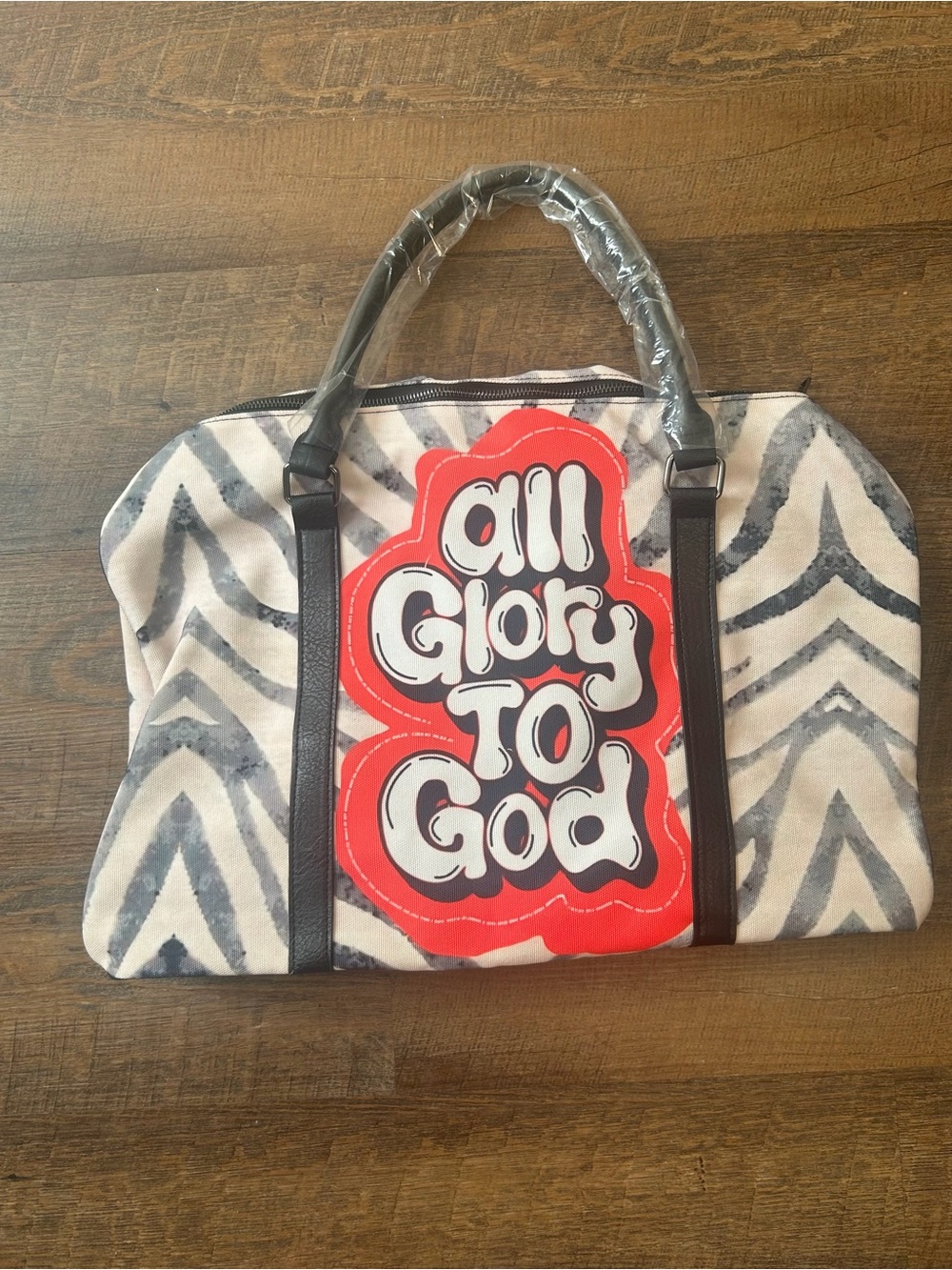 & Other Stories White and Gray Zebra Tote with Red Graphic